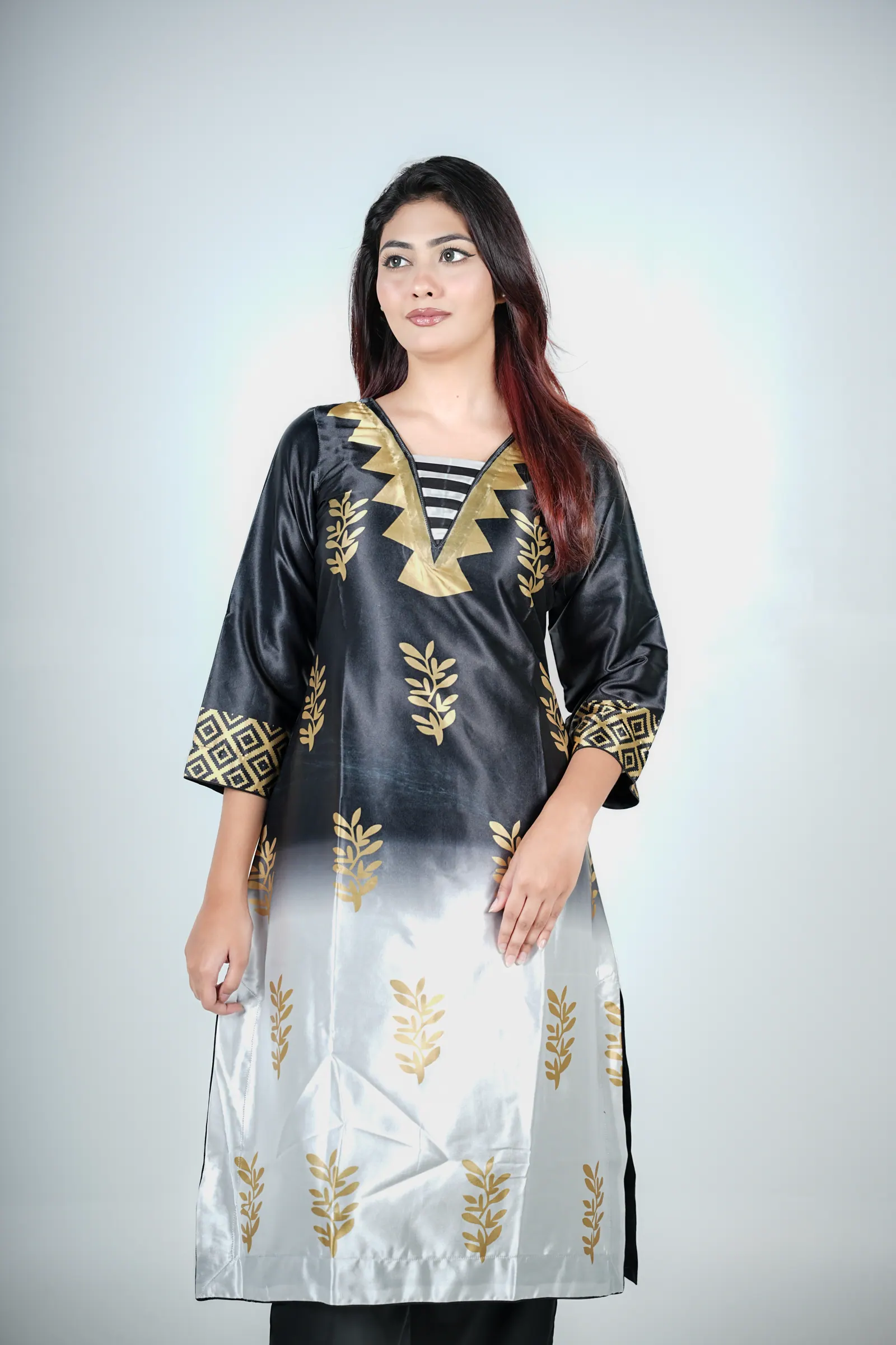 Nishat - Printed Samu Silk Long Kameez
